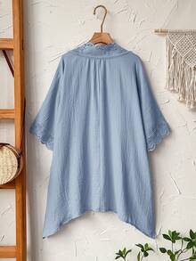 Rusticease Plus Size Women Spring Casual Vacation Solid BlueLace Patchwork Kimono Thin Jacket,Summer - Blue - View 2