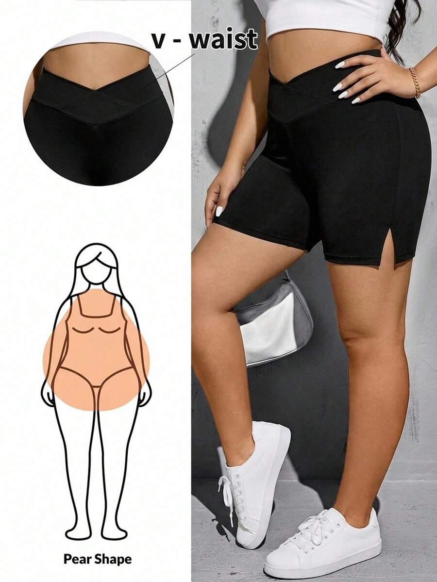 Shapeblank 大尺碼女款素色不對稱腰線緊身短褲 - 黑色 - 查看 1