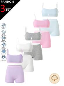 (Random 3 Sets) Tween Girl Traceable Cotton Multi-Color Solid Minimalist Camisole And Boxer Brief Underwear Set - Multicolor - View 8