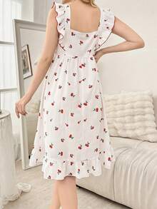 CottageSlumber Wine Red Cherry Print Square Neck Cap Sleeve Women's Nightgown - White - View 2