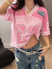 Coolane 女款春夏Y2K街頭風復古透氣網眼圖案數字印花足球T恤 - 粉色 - 查看 5