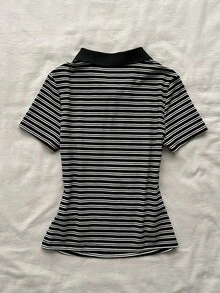 Attitoon 休閒可愛極簡黑白條紋 Polo 領 T 恤，基礎學院風，適合春夏校園教師與小學生 - 黑與白 - 查看 2