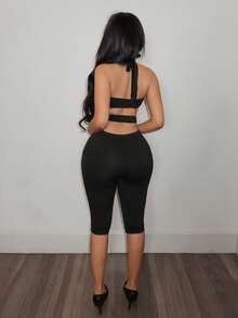 Slaydiva Mono de una pieza ajustado para mujer con tirantes de collar con remaches negros y plateados, espalda abierta cruzada, estilo dulce Y2K de calle para festival de música de verano, rave y club - Negro - Ver 3