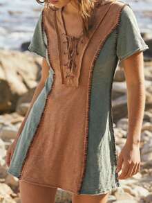 Bohemela Casual Knit Patchwork V-Neck Short Sleeve Mini Dress For Women,Summer Dresses For Women - Green - View 3