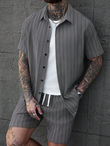 SLATEMANN Plus Size Men's Jacquard Striped Short Sleeve Shirt And Shorts Set - Grey - View 3
