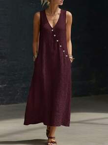 Weeklong Plus Size Women's Deep V-Neck Slanted Button Decor A-Line Casual Vacation Dress, Spring/Summer - Maroon - View 1