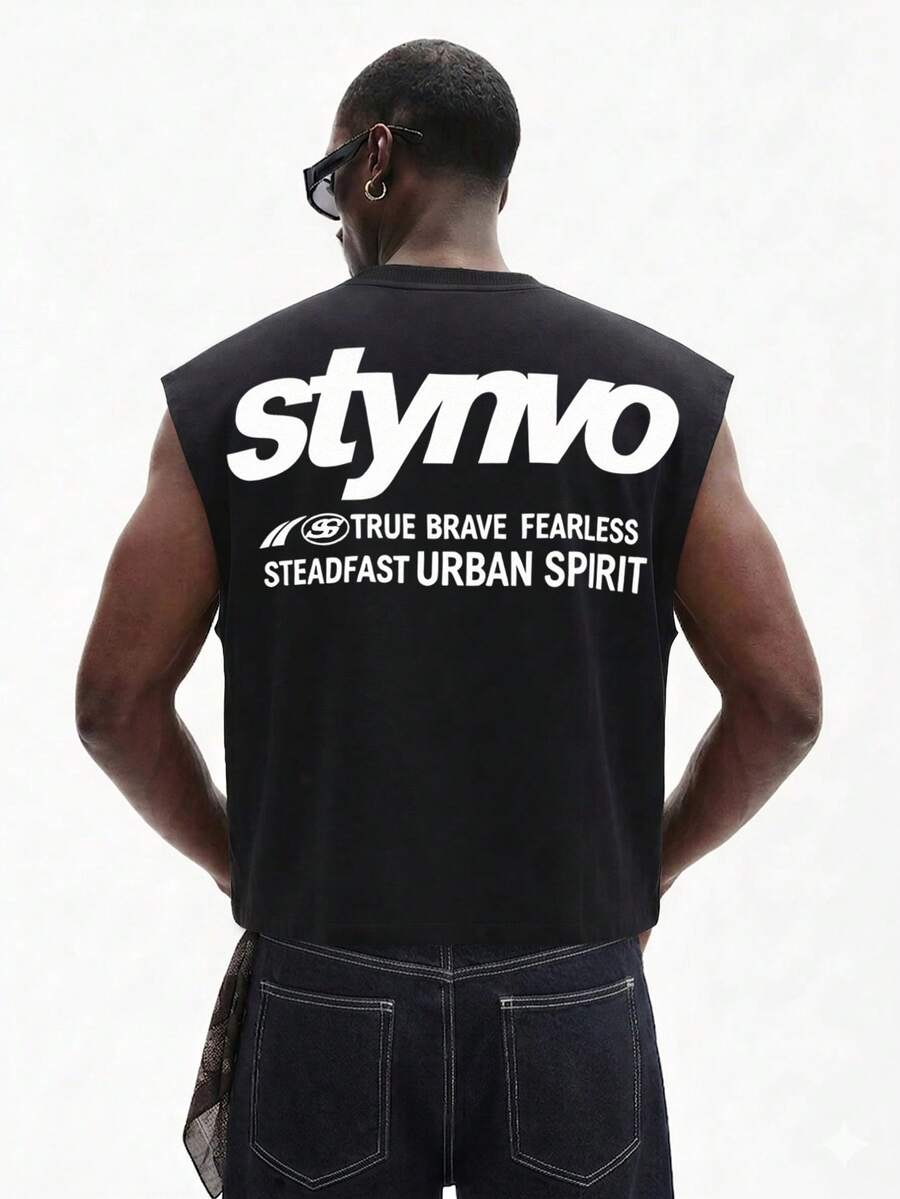 STYNVO 男士標語印花圓領休閒百搭背心,度假風 - 黑色 - 查看 1