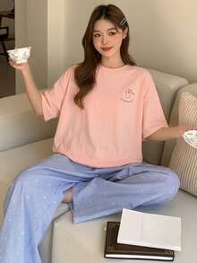 DAZY 2件組女款可愛木馬印花上衣與彩色波點長褲睡衣套裝，夏季居家服 - 粉色 - 查看 5