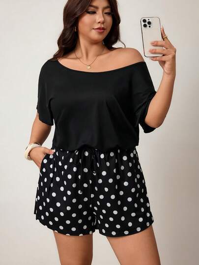 Enliva Bộ áo liền quần chấm bi cỡ lớn dành cho nữ, trang phục mùa hè, quần short, thiết kế trễ vai dễ thương, thích hợp mặc vào mùa hè, cũng thích hợp để tham dự các buổi tiệc khiêu vũ, lễ hội âm nhạc, kỳ nghỉ và các dịp khác, áo liền quần thường ngày.