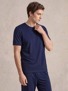 SHEIN Men's Comfortable Solid Color Round Neck Short Sleeve Top And Pants Pajama Set, Summer - Navy Blue - View 3