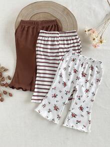 SHEIN Playful Pals 3条装女婴碎花条纹纯色弹力腰喇叭裤休闲裤，春秋季 - 咖啡棕 - 查看 4