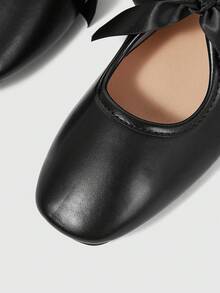 ROMWE Kawaii Brown Loafers Closed Toe Mary Jane Leather Shoes, Bow Lolita Ballet Flats For Women - Black + strap - View 4