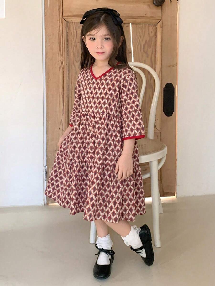 Dazy Kids 女童菱格格紋對比飾邊領時尚洋裝 夏季 - 玫瑰紅 - 查看 1