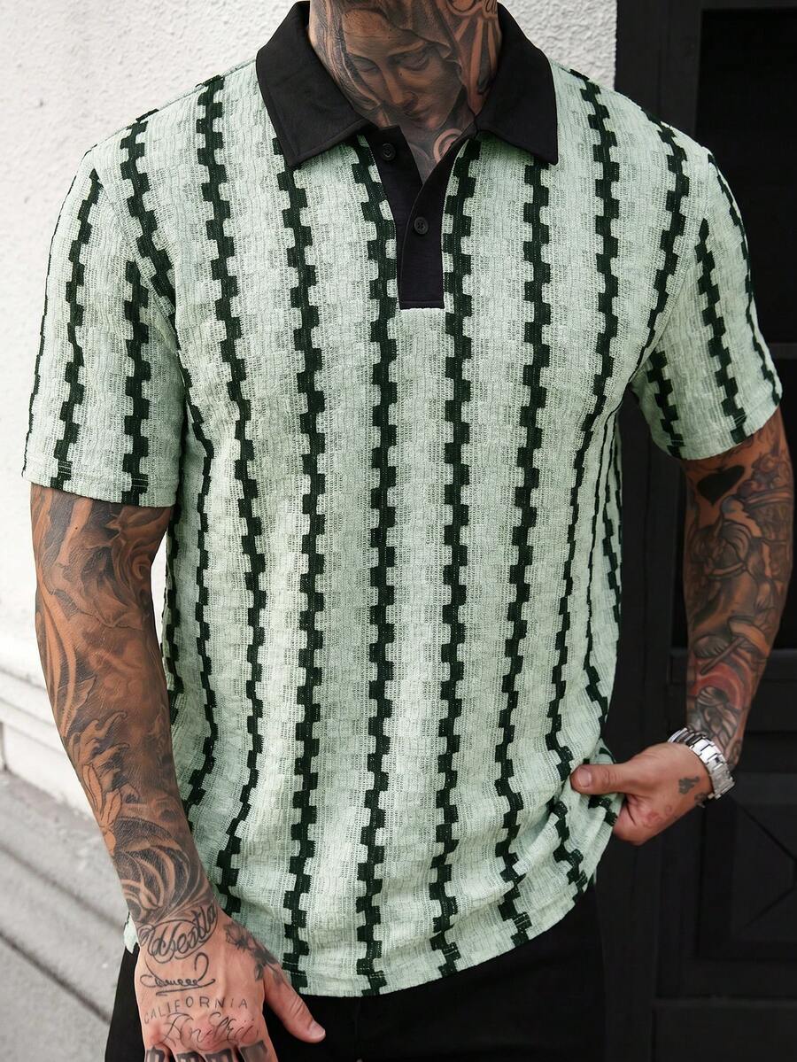 Manfinity CasualCool 男士撞色 Polo 衫,复古几何提花休闲上衣 - 薄荷綠 - 查看 1