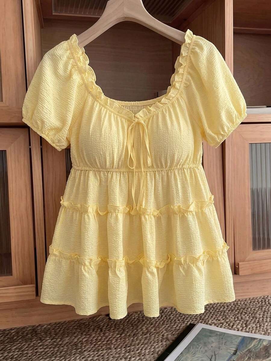 SHEIN LUNE 大码女式时尚百搭褶皱系带荷叶边下摆甜美衬衫 - 黃色 - 查看 1