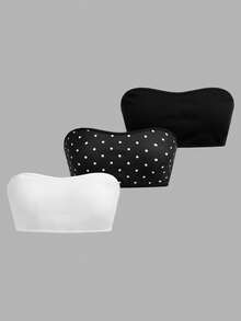 Girlism Bộ 3 áo ngực ống có đệm mút, họa tiết chấm bi đen trắng, thoải mái dành cho thiếu nữ, thích hợp cho mùa xuân/hè. - Đen và trắng - Xem 1