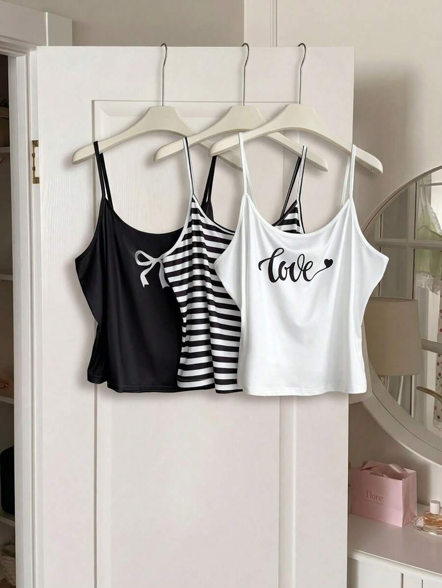 Slumberry CURVE 3pcs Plus Size Sleepwear Set, Includes Comfortable Knit Black And White Print, Love Butterfly Print Camisole Lounge Summer - Multicolor - View 1