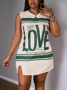 Slaydiva Plus Size Light Green Summer Grunge Back-To-School Sleeveless Letter Print Dress,Everyday Casual Street Music Festival Loungewear Cycling Vacation - Multicolor - View 8