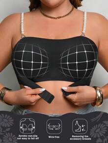 SHEIN Plus Size Black Wireless Bra, Front Closure, Pearl Strap, 1 Piece - Black - View 5