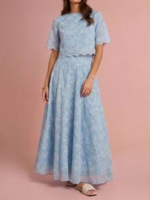 Amorya Women's Spring/Summer New Elegant High-End Embroidered Blouse & A-Line Skirt 2-Piece Set - Blue and White - View 5