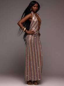 MUSERA Zig-Zag Sequin Cut Out Halterneck Maxi Dress Summer Vacation Holiday Festival Rave Party Ibiza Beach Beachclub Resort Wear Trinket Light Beige Boho - Multicolor - View 3