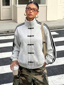 Muchica Contrast Color Light Grey Knit Cardigan For Women - Light Grey - View 3