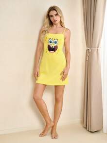 SpongeBob SquarePants | SHEIN 女士卡通印花休闲日常无袖睡裙 - 黃色 - 查看 4