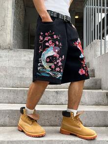 GALLERY FADE Men's Casual Street Style Embroidered Black Denim Shorts, Holiday - Black - View 7
