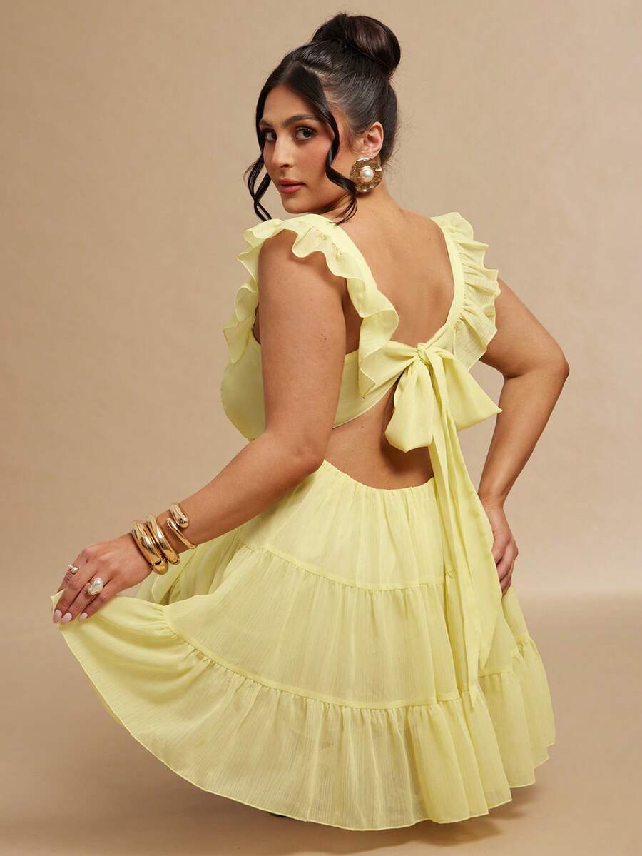 Gossip Girl X SHEIN SHEIN BAE Plus Size Women's Yellow Summer Cute Casual Sexy Multi-Layer Lace-Up Backless Mini Dress,Vacation Wedding Guest Curve,Elegant Graduation Formal