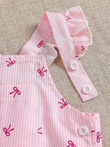 SHEIN 2 pezzi Outfit casual e alla moda per bambine, stile coreano minimalista, include: Maglietta a girocollo a costine bianca a maniche corte + Pantaloni salopette con stampa a farfalla a righe rosa in tessuto tessuto, adatto per uscite quotidiane estive, scuola, shopping, viaggi, picnic, parchi divertimento e altre occasioni - Rosa - Visualizzare 9