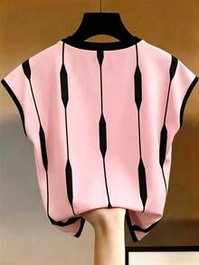 Franclia Blusa de cuello redondo de manga corta con rayas asimétricas para mujer, minimalista y versátil - Rosa - Ver 2