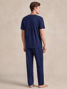 SHEIN Men's Comfortable Solid Color Round Neck Short Sleeve Top And Pants Pajama Set, Summer - Navy Blue - View 2