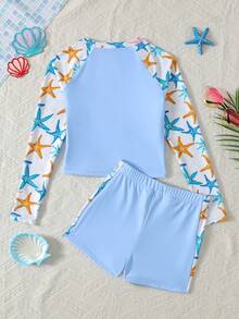 SHEIN 青少年女孩/青少年女孩配色印花泳衣套裝，海洋印花比基尼配長袖防曬泳衣，適合女孩和青少年。女孩長袖泳衣配短褲套裝，女孩泳褲配防曬泳衣，青少年女孩長袖泳衣，保守青少年女孩泳衣，女孩度假裝配長袖泳衣和短褲 - 藍色 - 查看 2