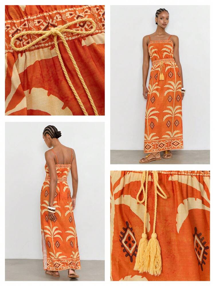 SHEIN Maija Ocean Print Palm Tree Element Halter Backless Dress, Fashionable Casual Tropical Boho Holiday Outfit Beach Vacation Burnt Orange Summer