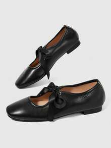 ROMWE Kawaii Brown Loafers Closed Toe Mary Jane Leather Shoes, Bow Lolita Ballet Flats For Women - Black + strap - View 6