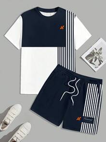Sorvial Men's Color Block Print T-Shirt Set, 2 Piece Outfit, Suitable For Summer Outdoor Wear - Blue - View 3