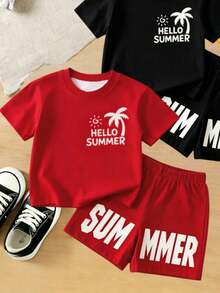 Bộ 2 món thời trang nam màu đỏ in họa tiết, áo tay ngắn và quần short sành điệu, thích hợp cho chụp ảnh, mặc hàng ngày, đi chơi, nghỉ lễ, làm quà tặng. - Đỏ - Xem 7