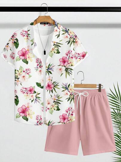 VIVINTIMO Men's Tropical Hawaiian Print Shirt & Pink Shorts Set, The Whole Set Matches Cleanly And Refreshingly, Embracing The Tropical Sea Breeze, Enjoying The Holiday Vibe, One Set Achieves The Refreshing And Elegant Summer Look