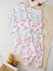 (Envío de 1 set aleatorio de 5 sets) Conjunto de manga larga y pantalones de punto suave y lindo con estampados de moño, conejo, corazón y floral, mejor regalo para recién nacidos, cómodo para usar en casa, adecuado para todas las estaciones - Multicolor - Ver 2