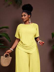Veslaya 2pcs/Set 2026 Spring/Summer Casual Vacation Solid Color Asymmetric Hem Short Sleeve Top And Elastic Waist Wide Leg Pants Plus Size - Light Yellow - View 6