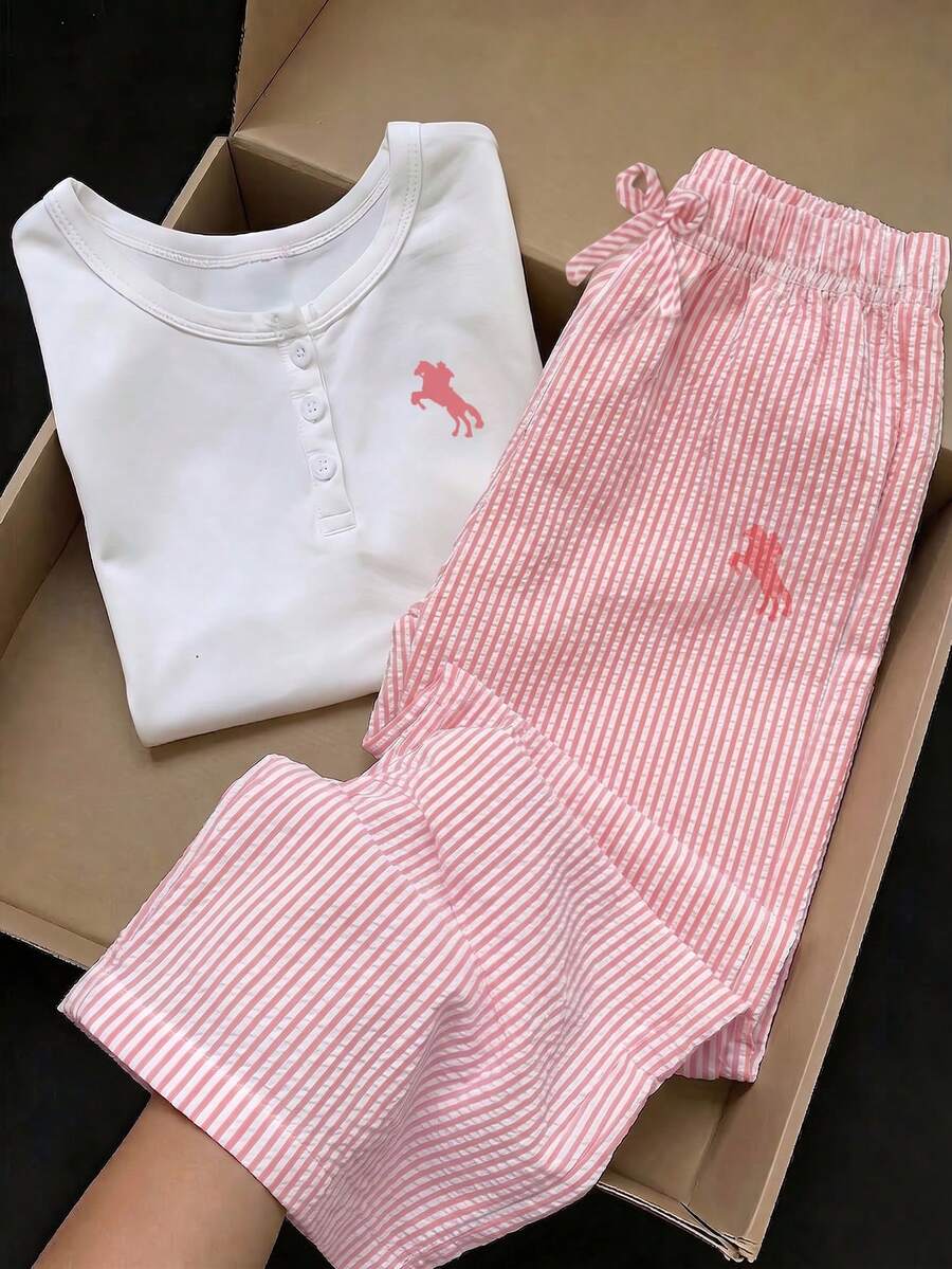 SHEIN Elladie kids 2件組女童套裝,馬匹印花圓領短袖T恤搭配條紋直筒長褲,夏季親子款日常休閒服飾套裝 - 粉色 - 查看 1