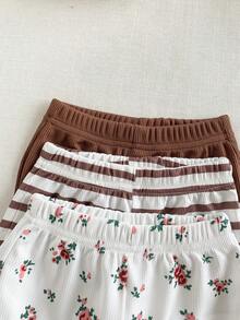SHEIN Playful Pals 3条装女婴碎花条纹纯色弹力腰喇叭裤休闲裤，春秋季 - 咖啡棕 - 查看 5