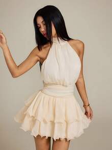 SHEIN PETITE 女士时尚百搭褶皱露背荷叶边下摆连衣裙 - 米色 - 查看 6