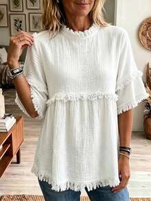 SHEIN LUNE Women's Elegant Fashion Commuter Casual Comfortable Charming Retro Minimalist Romantic Holiday Home Daily Spring/Summer Round Neck Short Sleeve Solid Color Fringe Trim Blouse - Apricot - View 8