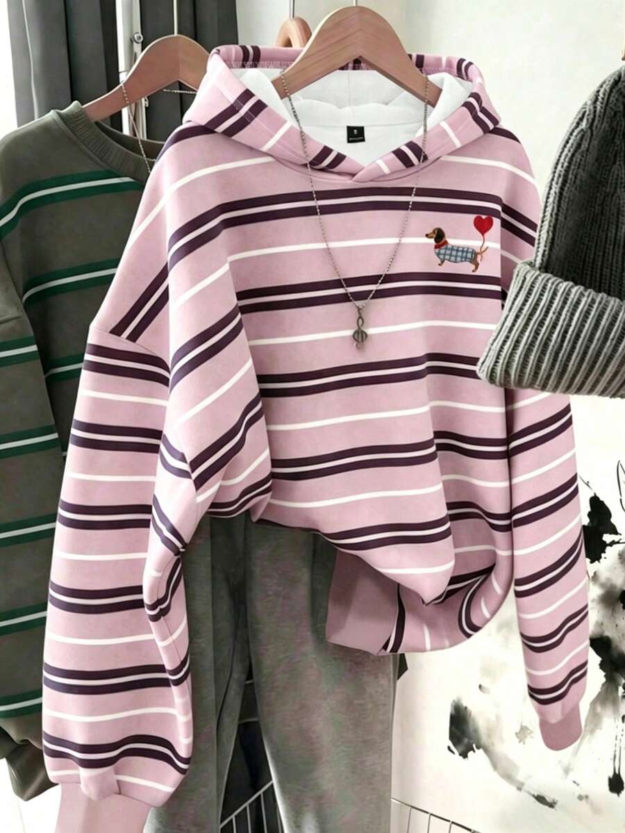 Divinelle sweat-shirt femme style minimaliste décontracté avec motif de teckel rayé rose, convient pour l'automne/l'hiver - Multicolore - Voir 1