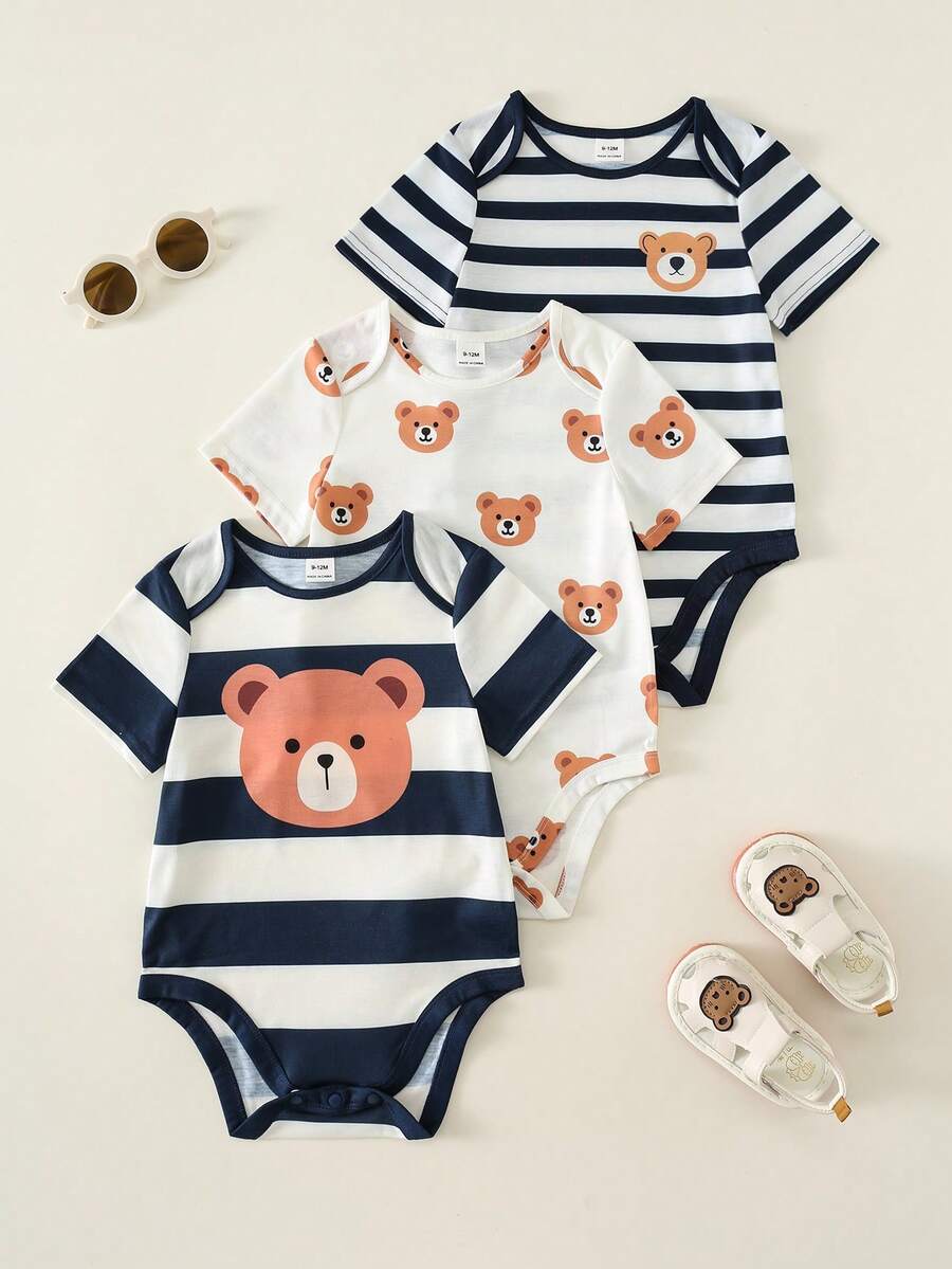 SHEIN 3pcs/Set Baby Boy/Girl Cute Knitted Elastic Bear Print & Striped Short Sleeve Rompers, Basic Bodysuits, Spring/Summer - Multicolor - View 1