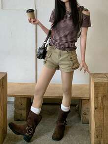 DAZY Celana Pendek Denim Kasual Gaya Korea untuk Wanita (Jorts) - Khaki - View 4