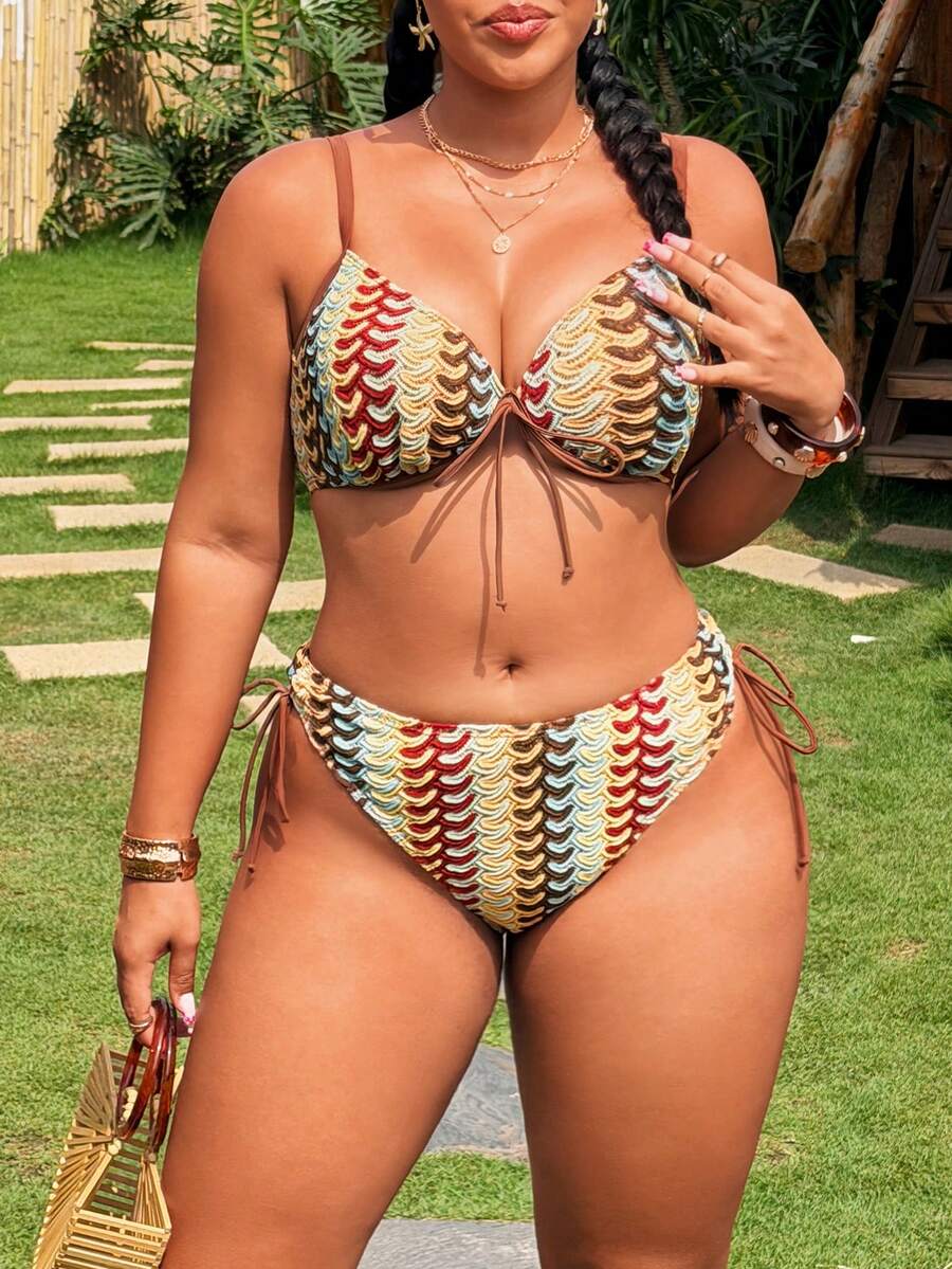 SHEIN Swim 2026春夏新款大码撞色细肩带比基尼套装 - 彩色 - 查看 1