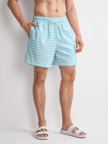 Manfinity Swimmode 夏季男士條紋印花抽繩腰海灘短褲，度假海邊夏威夷熱帶泳褲，情侶約會度假穿搭 - 淺藍色 - 查看 4
