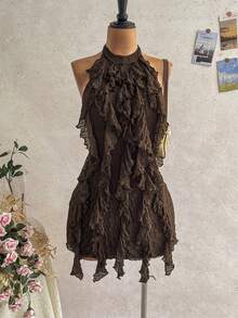 Soleia Vestido de mujer con cuello de lazo y volantes, versátil para vacaciones - Marrón - Ver 1